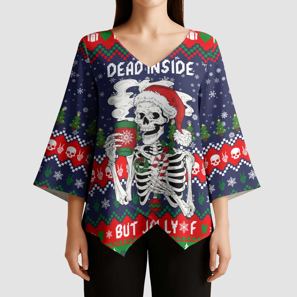 Dead Inside But Jolly Af Christmas Skeleton Kimono Sleeve Blouse Xmas Holiday Patterns - Wonder Print Shop