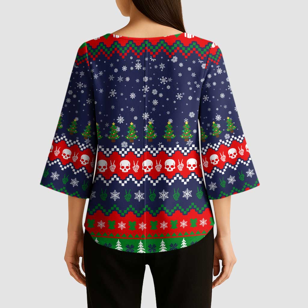 Dead Inside But Jolly Af Christmas Skeleton Kimono Sleeve Blouse Xmas Holiday Patterns - Wonder Print Shop