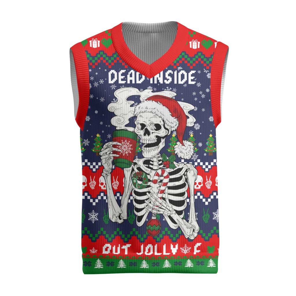 Dead Inside But Jolly Af Christmas Skeleton Christmas Knitted V-Neck Vest Xmas Holiday Patterns - Wonder Print Shop