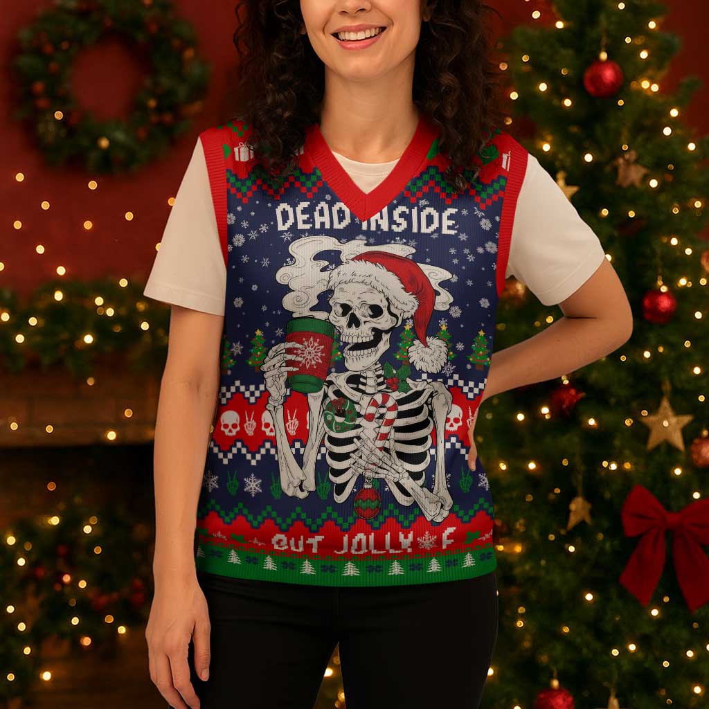 Dead Inside But Jolly Af Christmas Skeleton Christmas Knitted V-Neck Vest Xmas Holiday Patterns - Wonder Print Shop