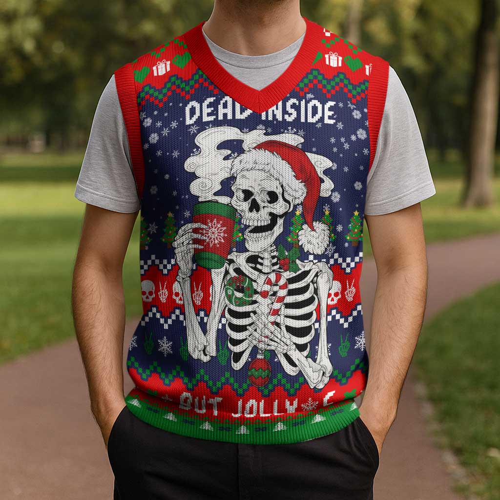 Dead Inside But Jolly Af Christmas Skeleton Christmas Knitted V-Neck Vest Xmas Holiday Patterns - Wonder Print Shop