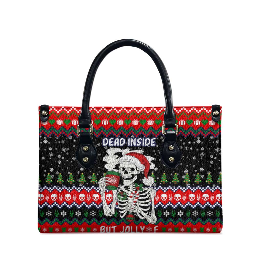 Dead Inside But Jolly Af Christmas Skeleton Leather Bag Xmas Holiday Patterns - Wonder Print Shop