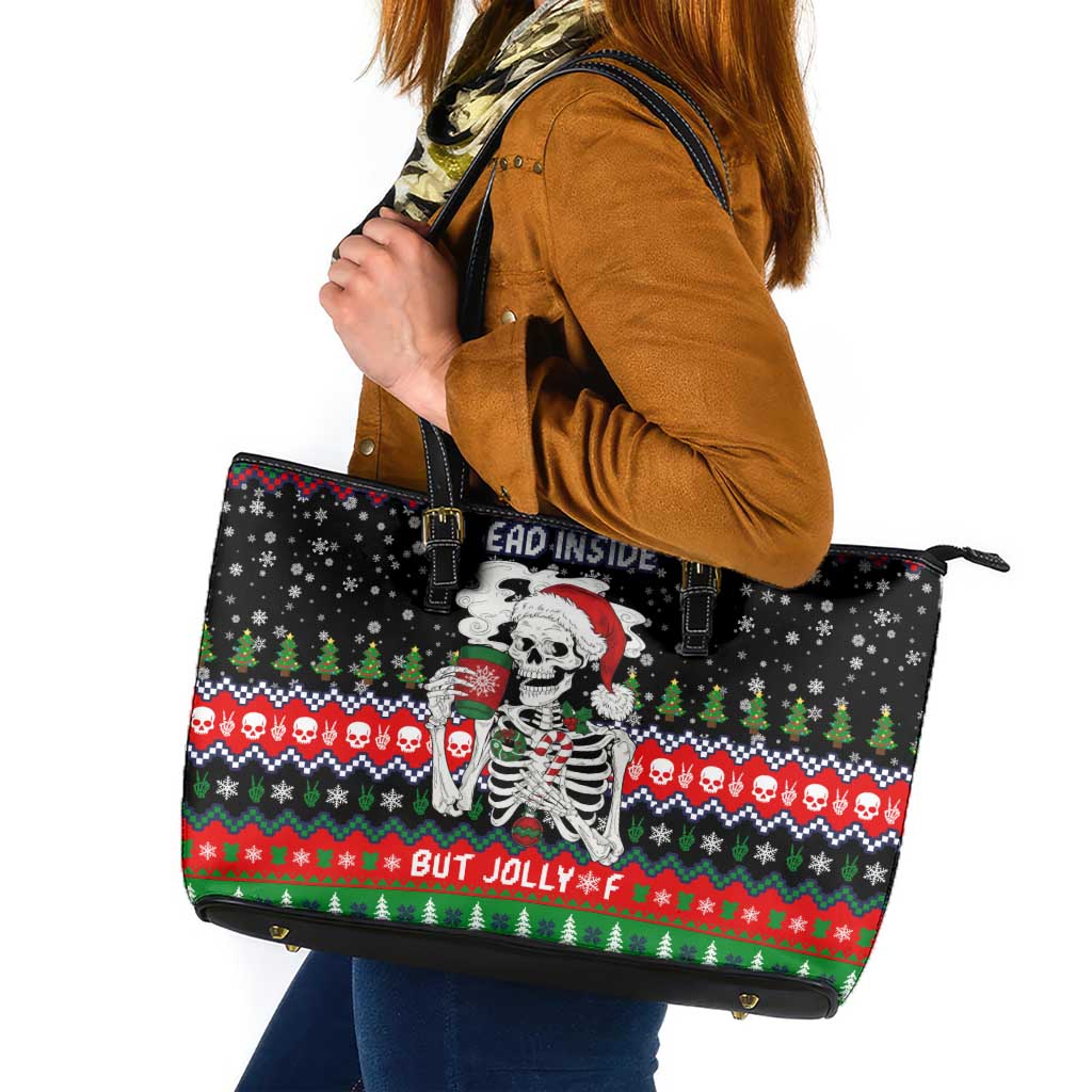 Dead Inside But Jolly Af Christmas Skeleton Leather Tote Bag Xmas Holiday Patterns - Wonder Print Shop