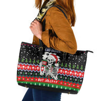 Dead Inside But Jolly Af Christmas Skeleton Leather Tote Bag Xmas Holiday Patterns - Wonder Print Shop