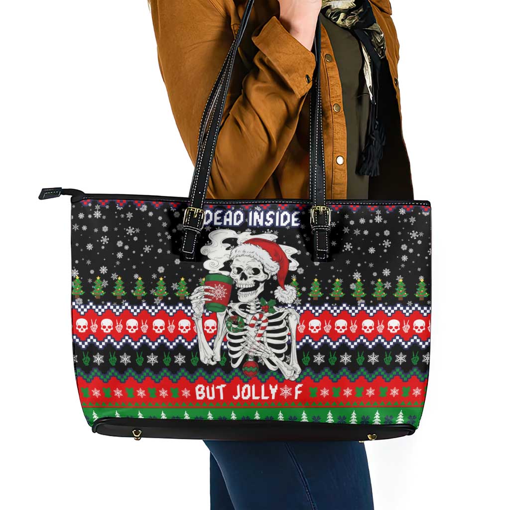 Dead Inside But Jolly Af Christmas Skeleton Leather Tote Bag Xmas Holiday Patterns - Wonder Print Shop