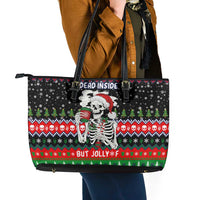 Dead Inside But Jolly Af Christmas Skeleton Leather Tote Bag Xmas Holiday Patterns - Wonder Print Shop