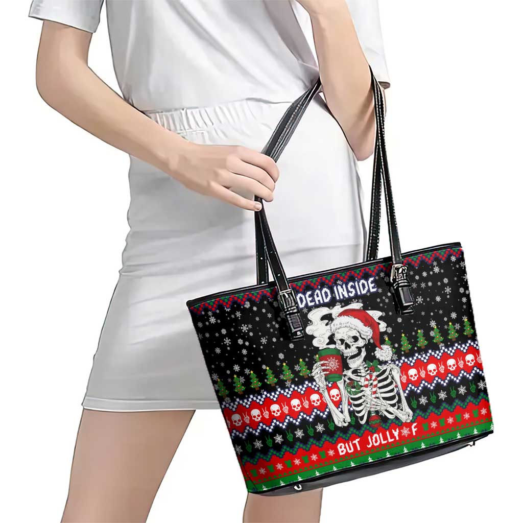 Dead Inside But Jolly Af Christmas Skeleton Leather Tote Bag Xmas Holiday Patterns - Wonder Print Shop