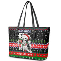 Dead Inside But Jolly Af Christmas Skeleton Leather Tote Bag Xmas Holiday Patterns - Wonder Print Shop