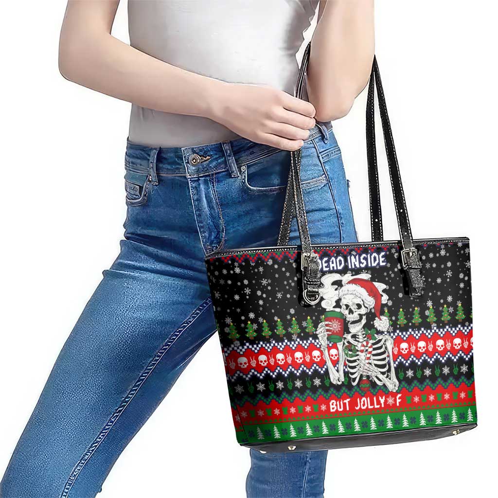 Dead Inside But Jolly Af Christmas Skeleton Leather Tote Bag Xmas Holiday Patterns - Wonder Print Shop