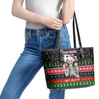 Dead Inside But Jolly Af Christmas Skeleton Leather Tote Bag Xmas Holiday Patterns - Wonder Print Shop
