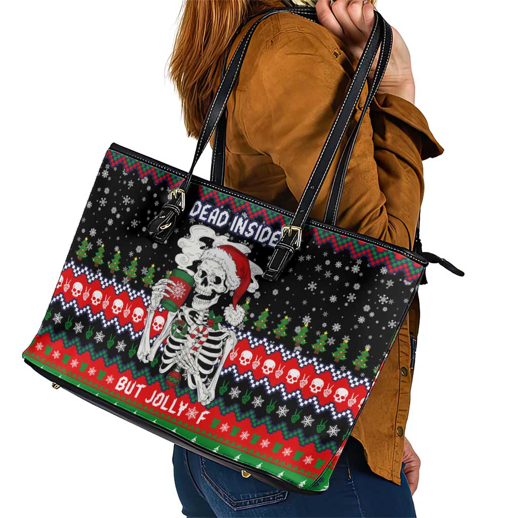 Dead Inside But Jolly Af Christmas Skeleton Leather Tote Bag Xmas Holiday Patterns - Wonder Print Shop