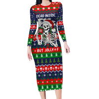 Dead Inside But Jolly Af Christmas Skeleton Long Sleeve Bodycon Dress Xmas Holiday Patterns - Wonder Print Shop