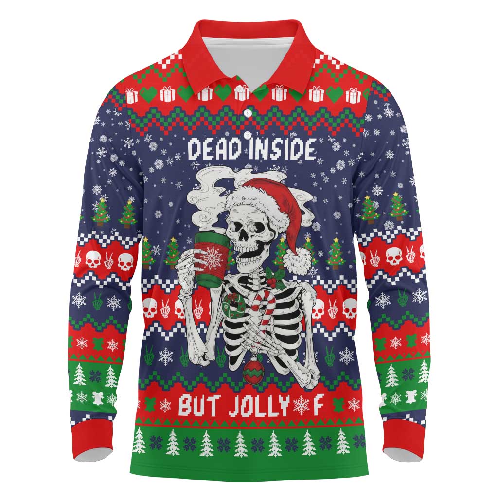 Dead Inside But Jolly Af Christmas Skeleton Long Sleeve Polo Shirt Xmas Holiday Patterns - Wonder Print Shop