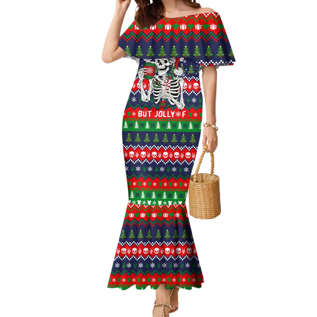 Dead Inside But Jolly Af Christmas Skeleton Mermaid Dress Xmas Holiday Patterns - Wonder Print Shop