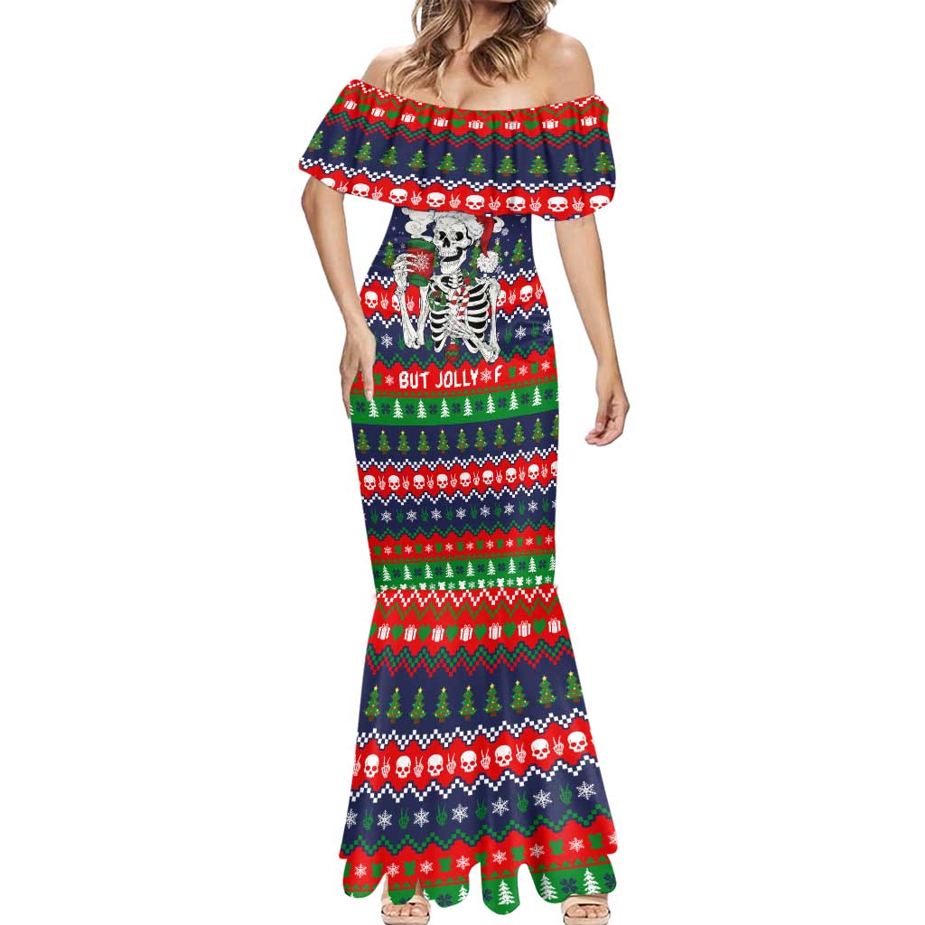 Dead Inside But Jolly Af Christmas Skeleton Mermaid Dress Xmas Holiday Patterns - Wonder Print Shop