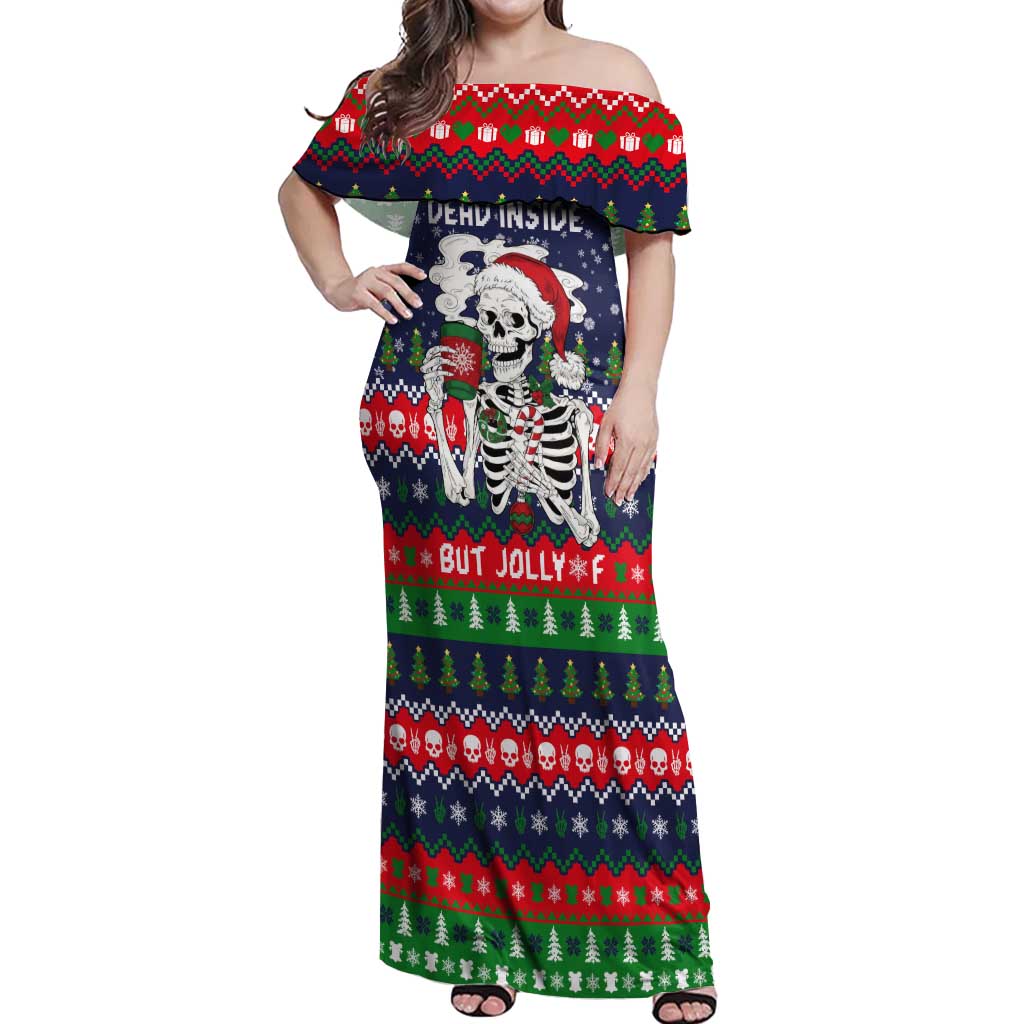 Dead Inside But Jolly Af Christmas Skeleton Off Shoulder Maxi Dress Xmas Holiday Patterns - Wonder Print Shop