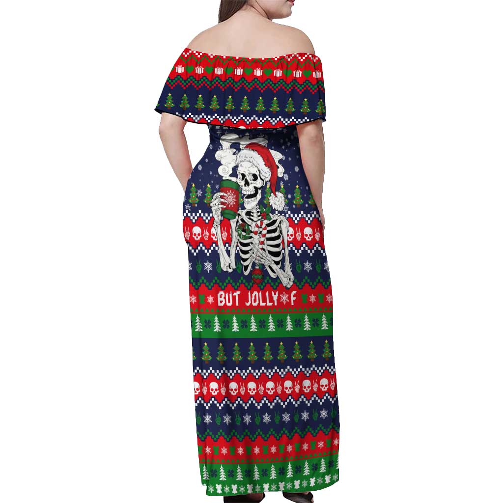 Dead Inside But Jolly Af Christmas Skeleton Off Shoulder Maxi Dress Xmas Holiday Patterns - Wonder Print Shop