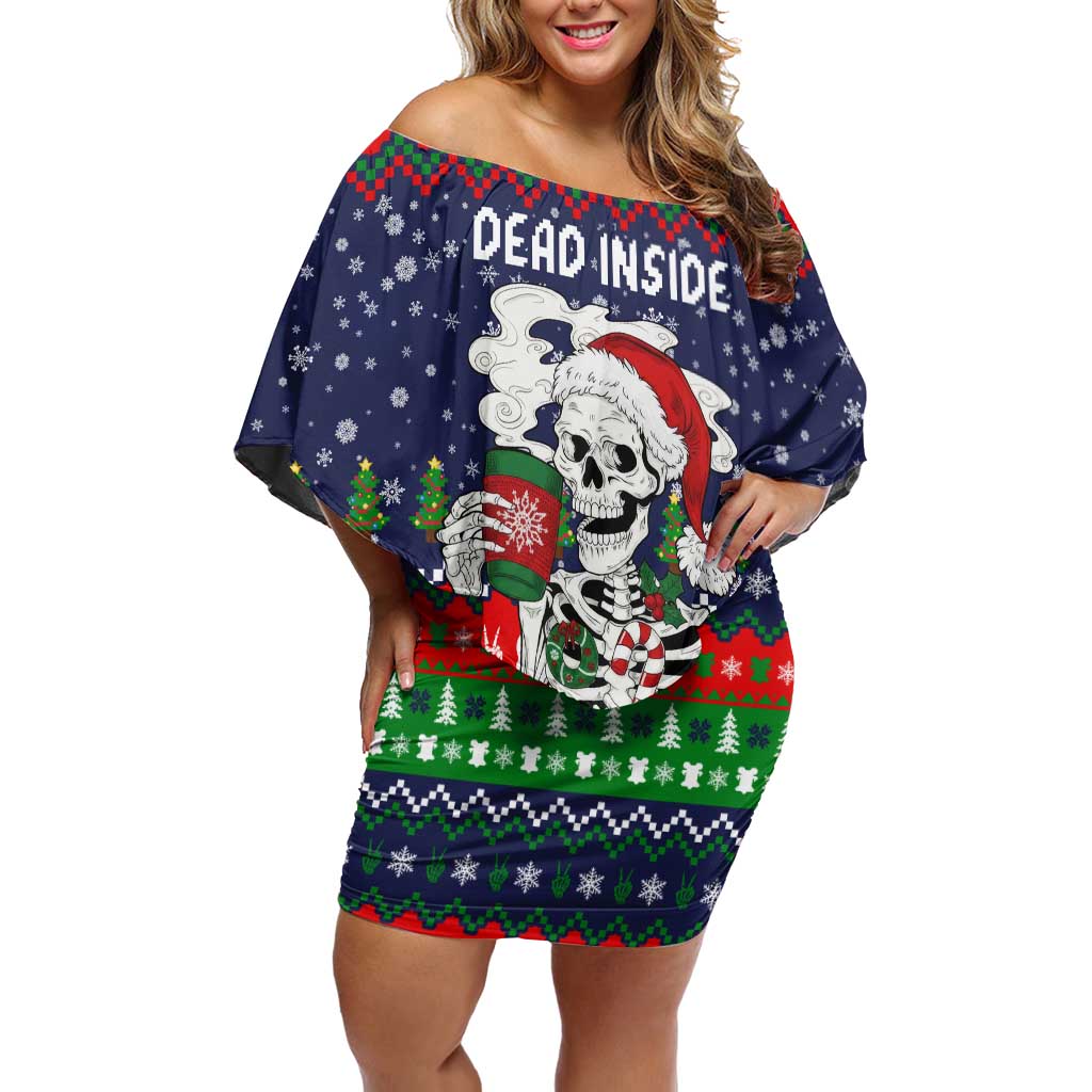 Dead Inside But Jolly Af Christmas Skeleton Off Shoulder Short Dress Xmas Holiday Patterns - Wonder Print Shop