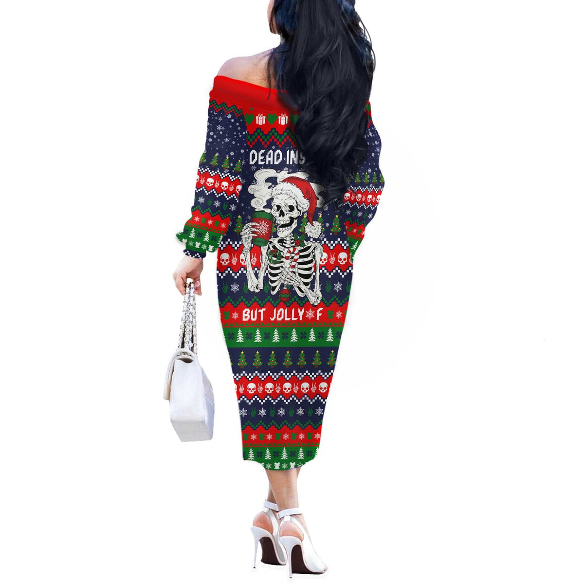 Dead Inside But Jolly Af Christmas Skeleton Off The Shoulder Long Sleeve Dress Xmas Holiday Patterns - Wonder Print Shop