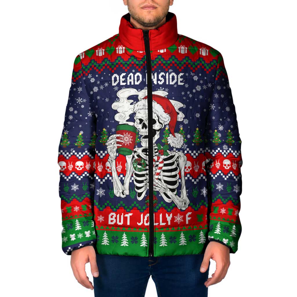 Dead Inside But Jolly Af Christmas Skeleton Padded Jacket Xmas Holiday Patterns - Wonder Print Shop