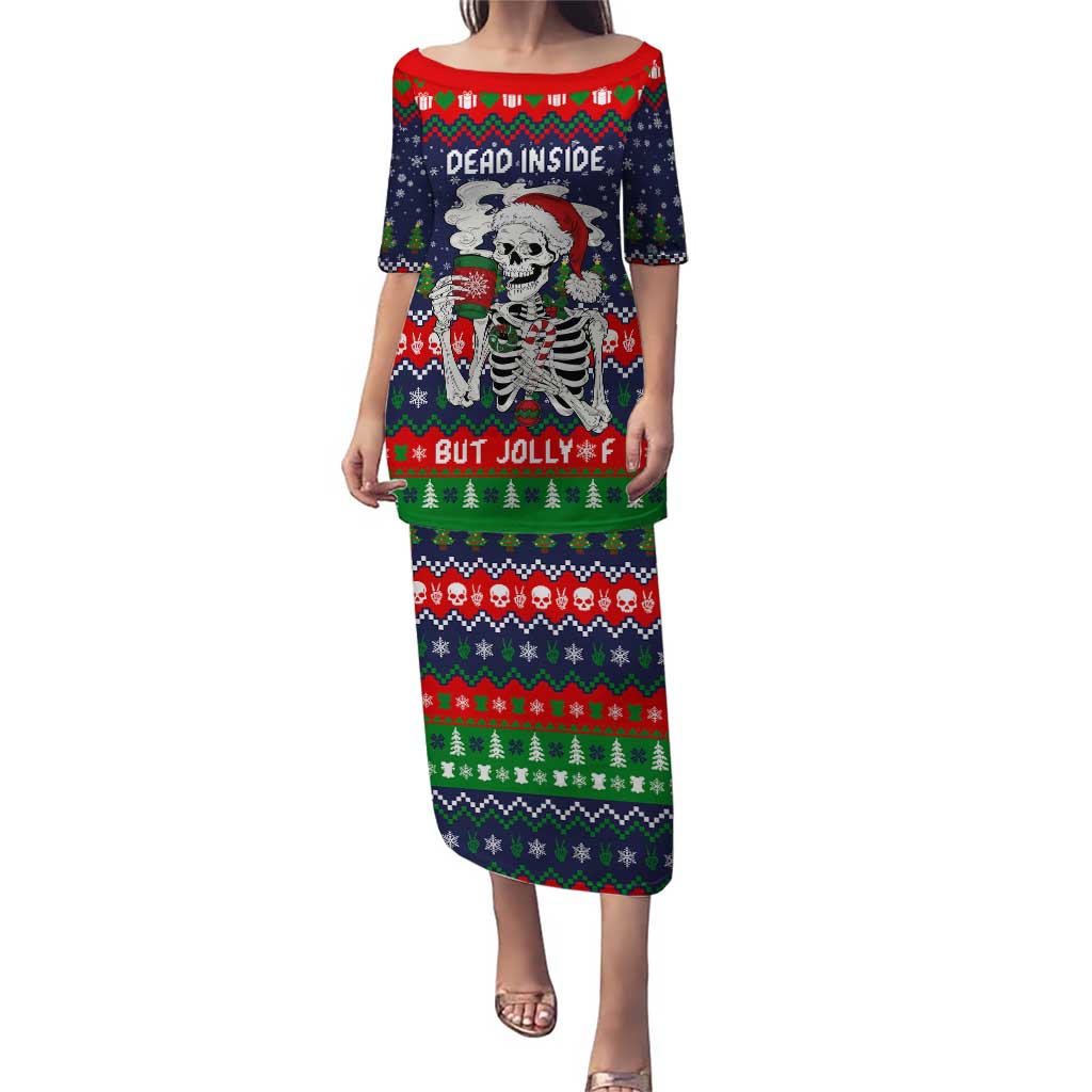 Dead Inside But Jolly Af Christmas Skeleton Puletasi Xmas Holiday Patterns - Wonder Print Shop