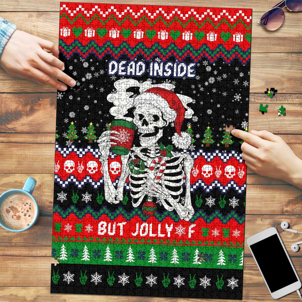 Dead Inside But Jolly Af Christmas Skeleton Puzzle Xmas Holiday Patterns - Wonder Print Shop