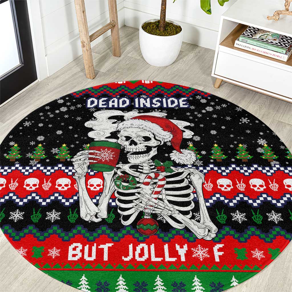 Dead Inside But Jolly Af Christmas Skeleton Round Carpet Xmas Holiday Patterns - Wonder Print Shop