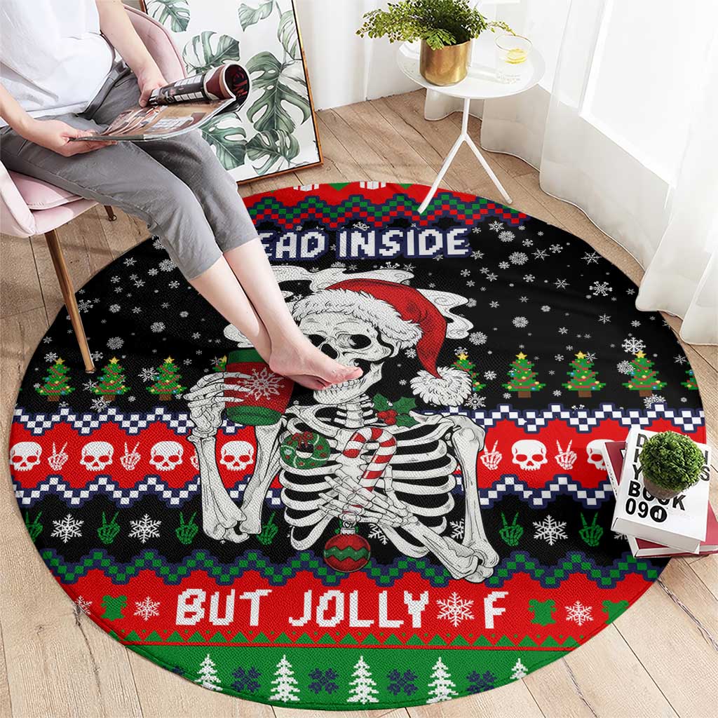 Dead Inside But Jolly Af Christmas Skeleton Round Carpet Xmas Holiday Patterns - Wonder Print Shop
