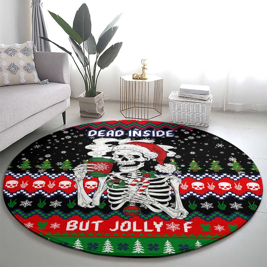 Dead Inside But Jolly Af Christmas Skeleton Round Carpet Xmas Holiday Patterns - Wonder Print Shop