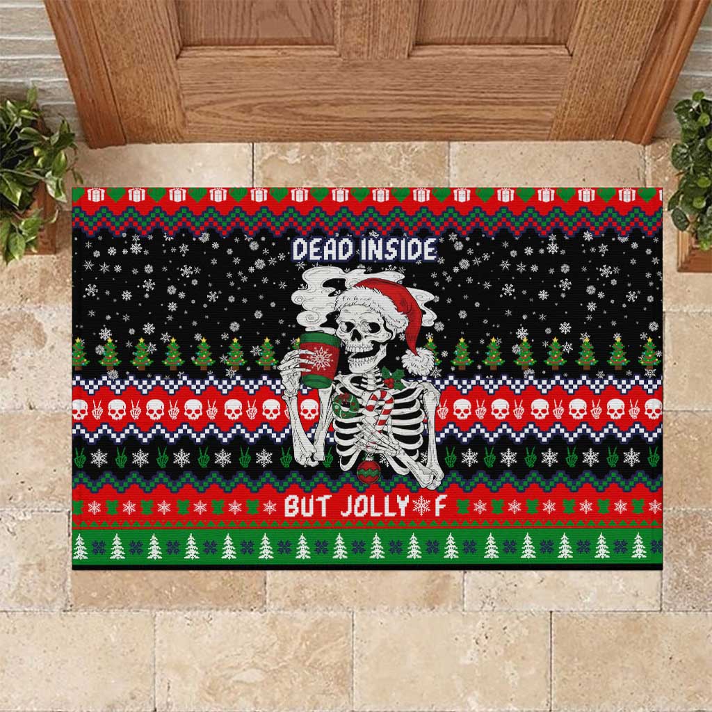 Dead Inside But Jolly Af Christmas Skeleton Rubber Doormat Xmas Holiday Patterns - Wonder Print Shop