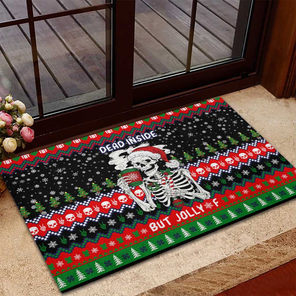 Dead Inside But Jolly Af Christmas Skeleton Rubber Doormat Xmas Holiday Patterns - Wonder Print Shop