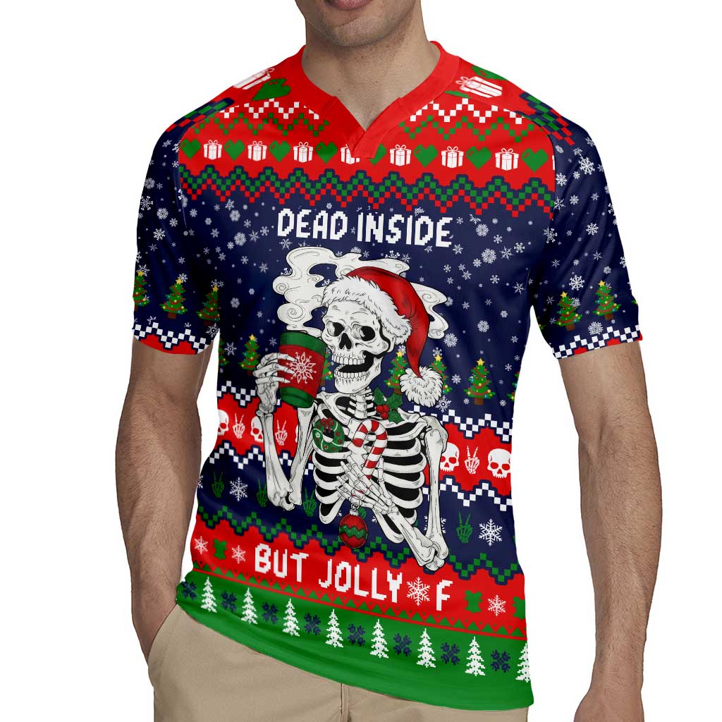 Dead Inside But Jolly Af Christmas Skeleton Rugby Jersey Xmas Holiday Patterns - Wonder Print Shop