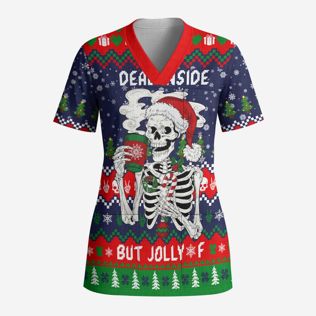 Dead Inside But Jolly Af Christmas Skeleton Scrub Top Xmas Holiday Patterns - Wonder Print Shop
