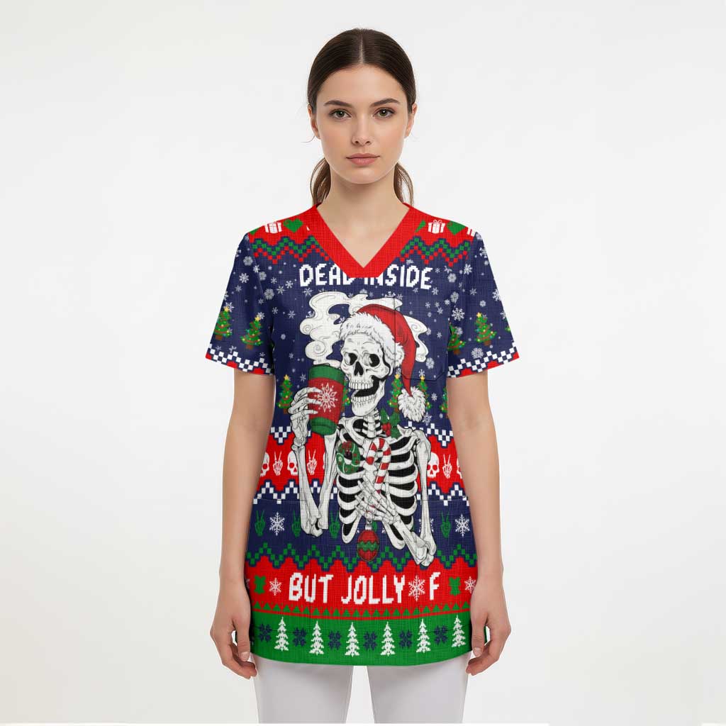 Dead Inside But Jolly Af Christmas Skeleton Scrub Top Xmas Holiday Patterns - Wonder Print Shop