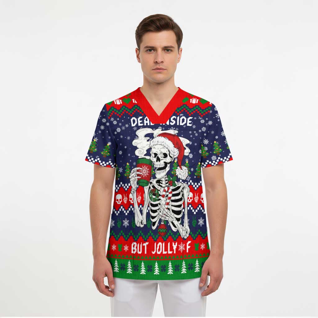 Dead Inside But Jolly Af Christmas Skeleton Scrub Top Xmas Holiday Patterns - Wonder Print Shop