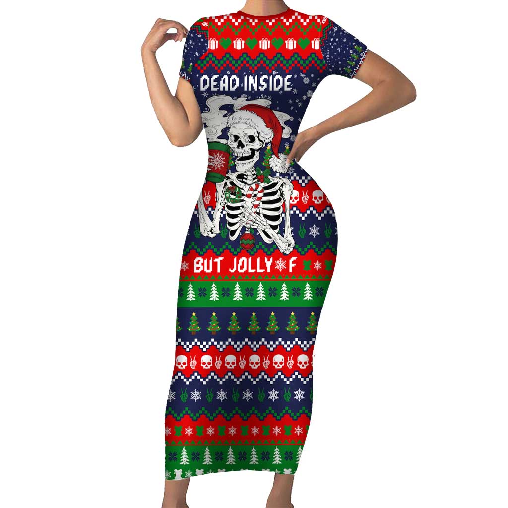 Dead Inside But Jolly Af Christmas Skeleton Short Sleeve Bodycon Dress Xmas Holiday Patterns - Wonder Print Shop