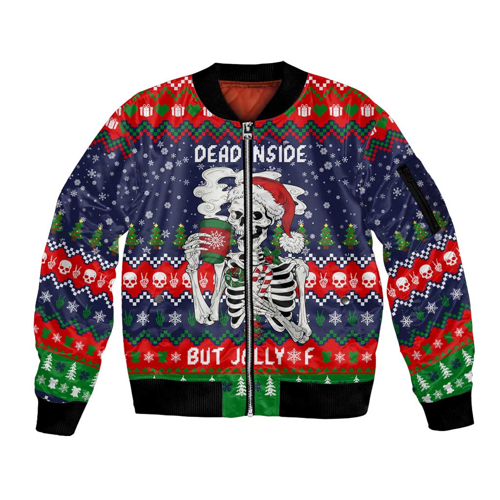 Dead Inside But Jolly Af Christmas Skeleton Sleeve Zip Bomber Jacket Xmas Holiday Patterns - Wonder Print Shop