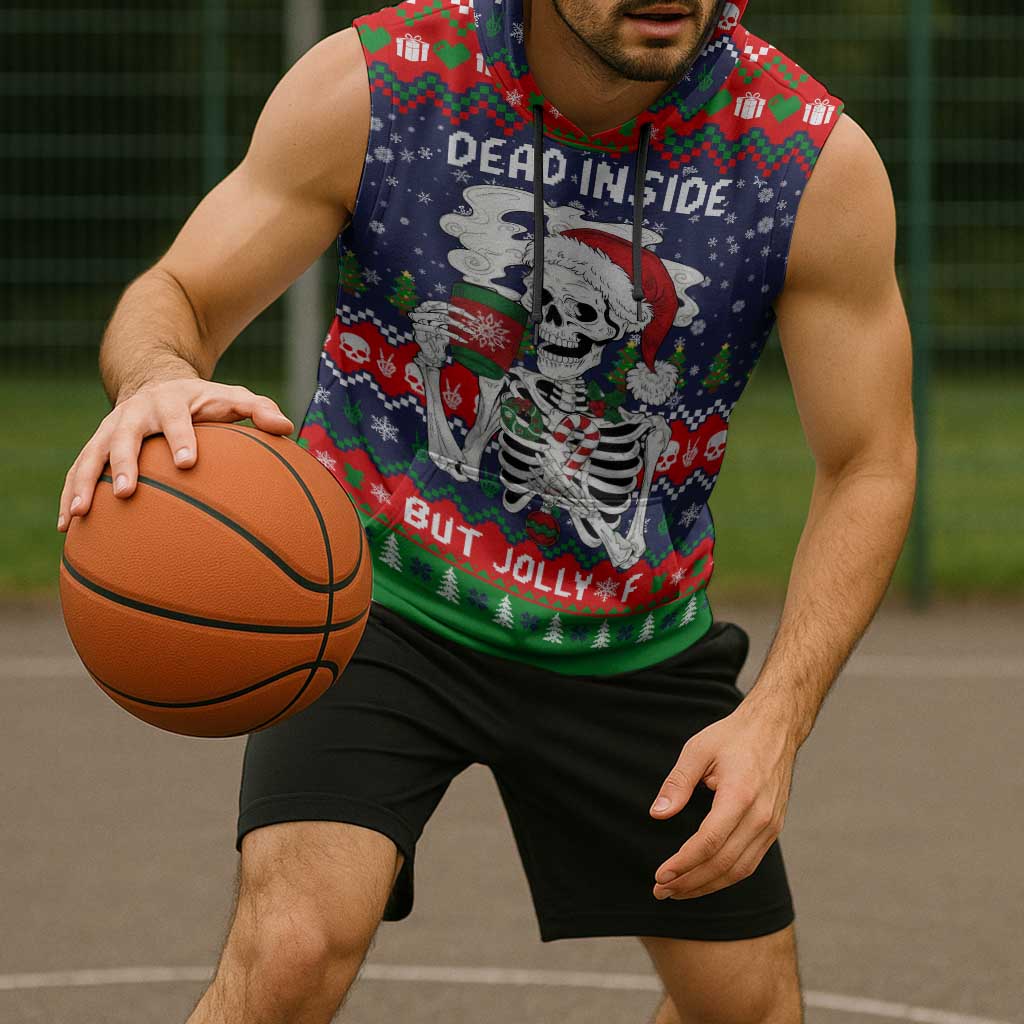 Dead Inside But Jolly Af Christmas Skeleton Sleeveless Hoodie Xmas Holiday Patterns - Wonder Print Shop