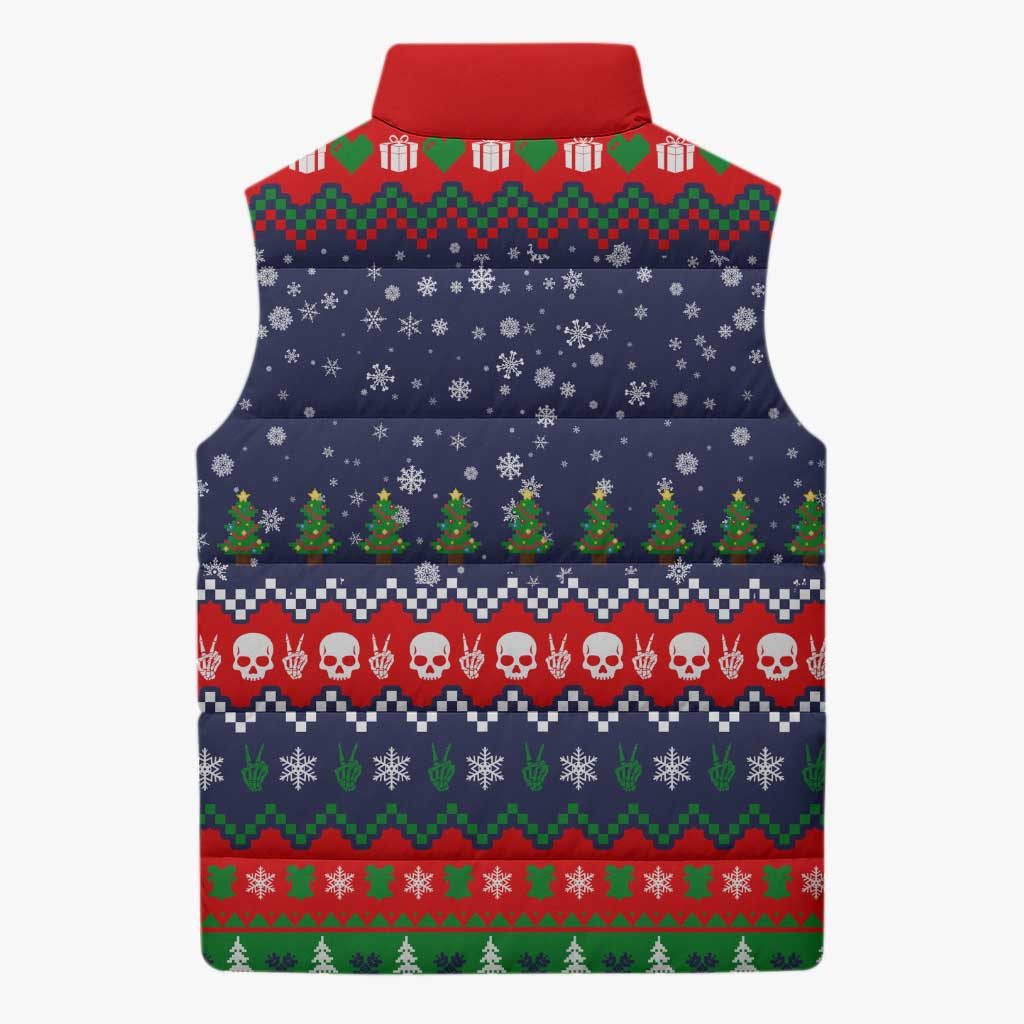 Dead Inside But Jolly Af Christmas Skeleton Sleeveless Puffer Jacket Xmas Holiday Patterns - Wonder Print Shop