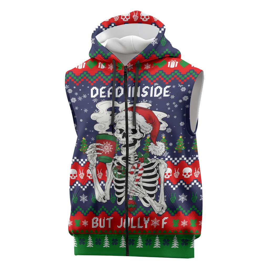 Dead Inside But Jolly Af Christmas Skeleton Sleeveless Zip Hoodie Xmas Holiday Patterns - Wonder Print Shop