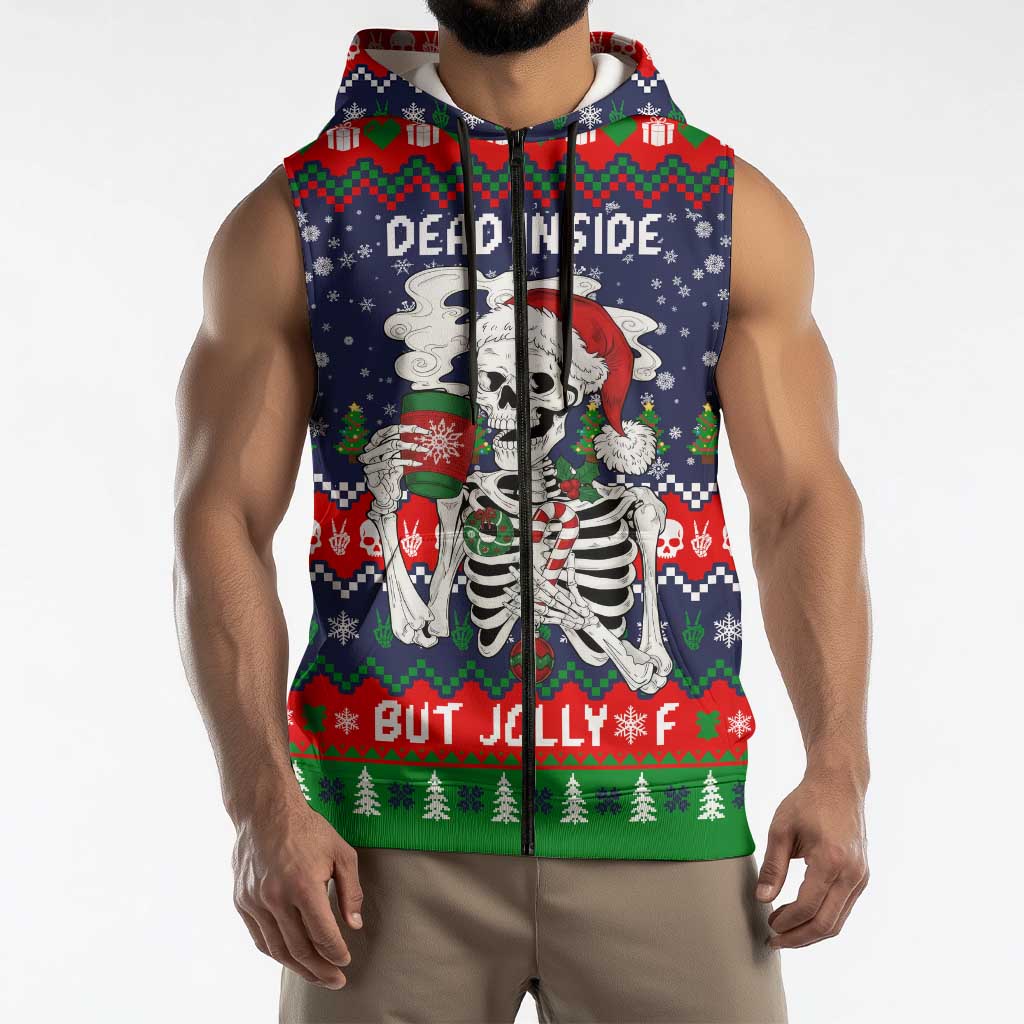 Dead Inside But Jolly Af Christmas Skeleton Sleeveless Zip Hoodie Xmas Holiday Patterns - Wonder Print Shop