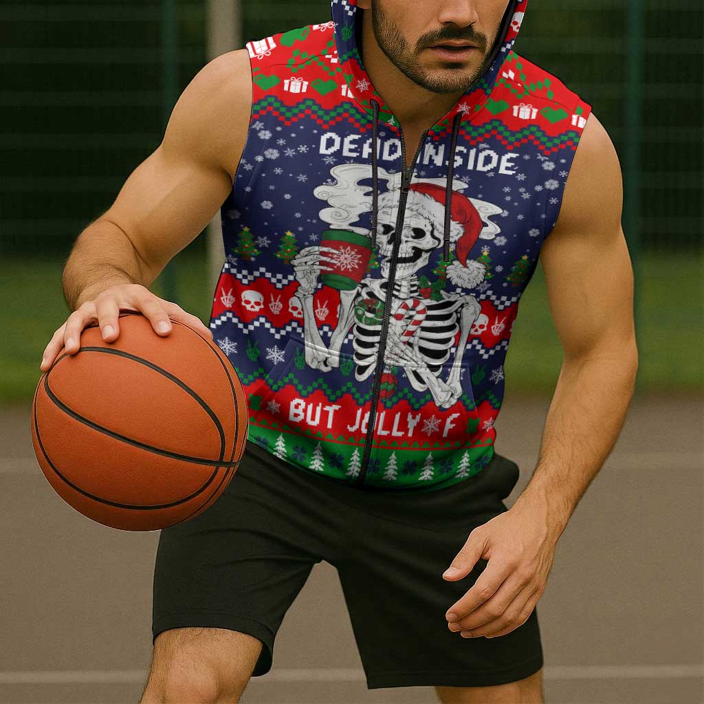Dead Inside But Jolly Af Christmas Skeleton Sleeveless Zip Hoodie Xmas Holiday Patterns - Wonder Print Shop