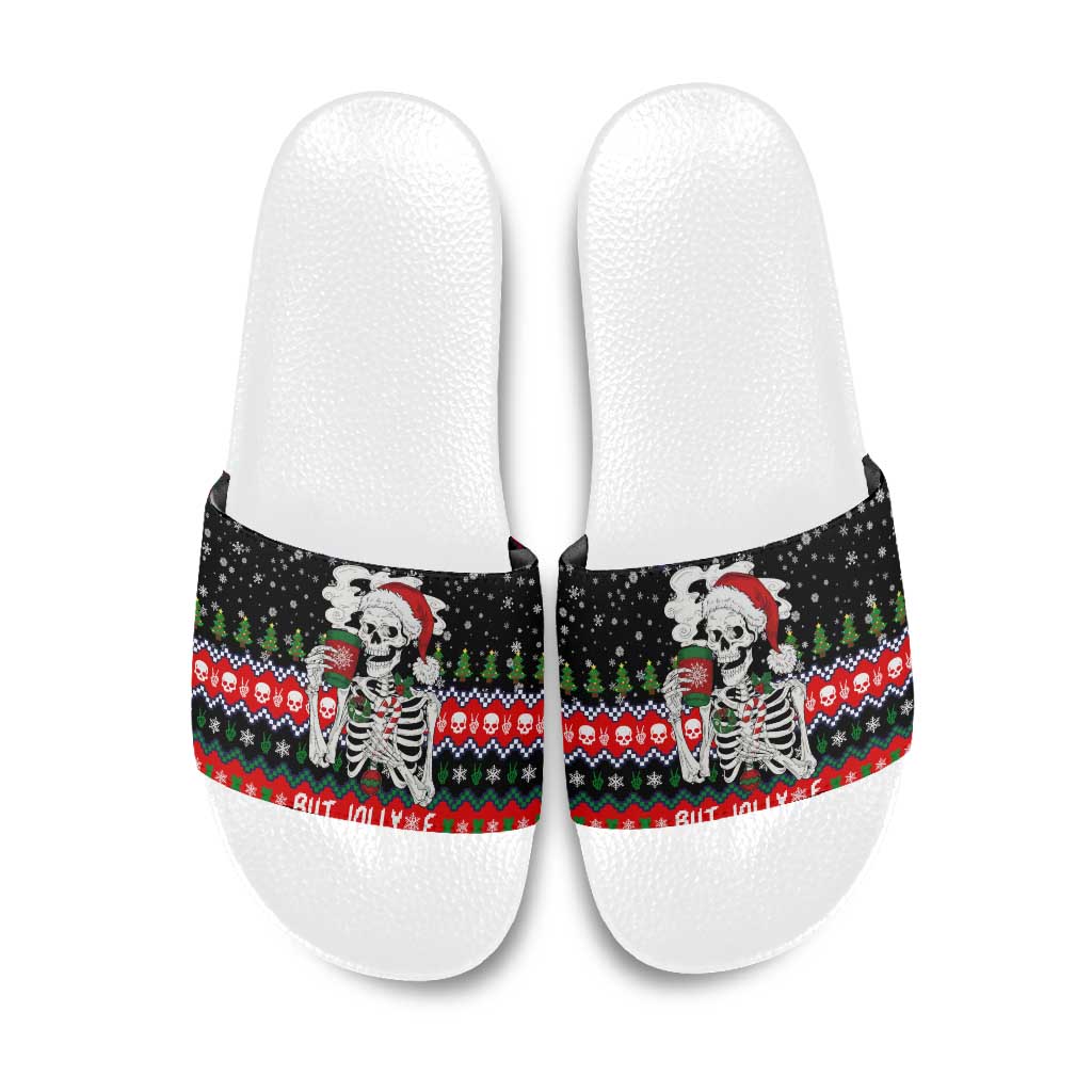Dead Inside But Jolly Af Christmas Skeleton Slide Sandals Xmas Holiday Patterns - Wonder Print Shop