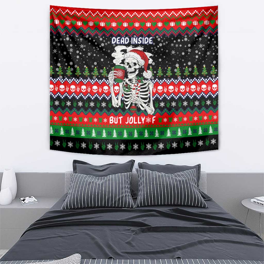 Dead Inside But Jolly Af Christmas Skeleton Tapestry Xmas Holiday Patterns - Wonder Print Shop
