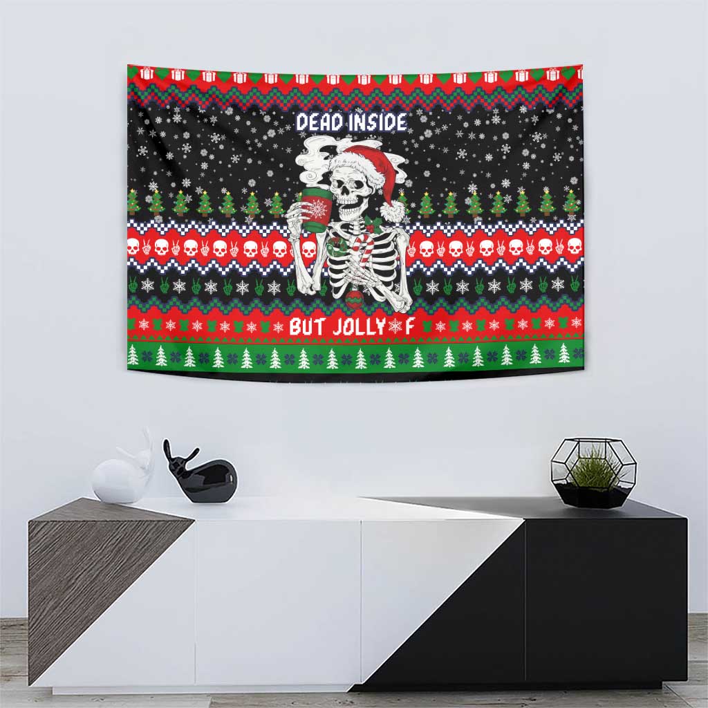 Dead Inside But Jolly Af Christmas Skeleton Tapestry Xmas Holiday Patterns - Wonder Print Shop