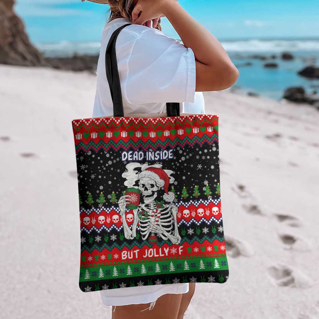 Dead Inside But Jolly Af Christmas Skeleton Tote Bag Xmas Holiday Patterns - Wonder Print Shop