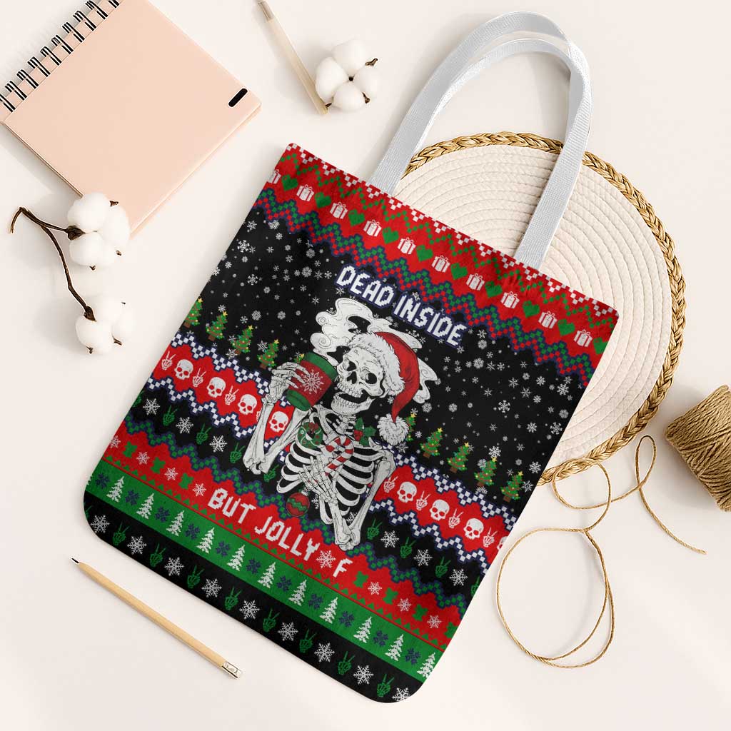 Dead Inside But Jolly Af Christmas Skeleton Tote Bag Xmas Holiday Patterns - Wonder Print Shop