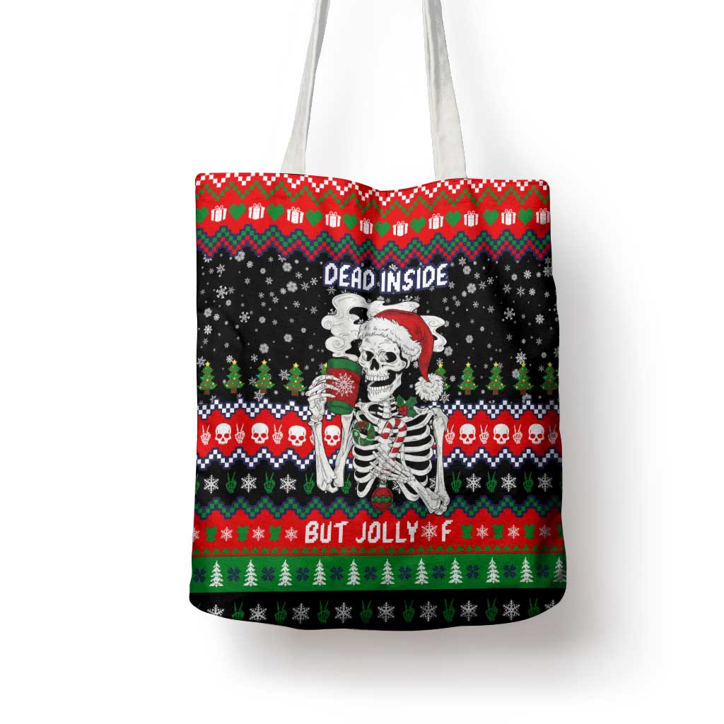 Dead Inside But Jolly Af Christmas Skeleton Tote Bag Xmas Holiday Patterns - Wonder Print Shop