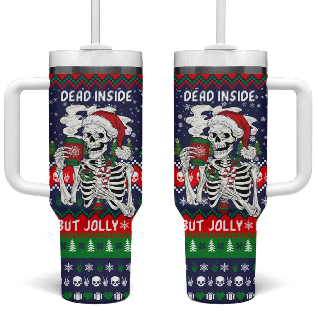 Dead Inside But Jolly Af Christmas Skeleton Tumbler With Handle Xmas Holiday Patterns - Wonder Print Shop