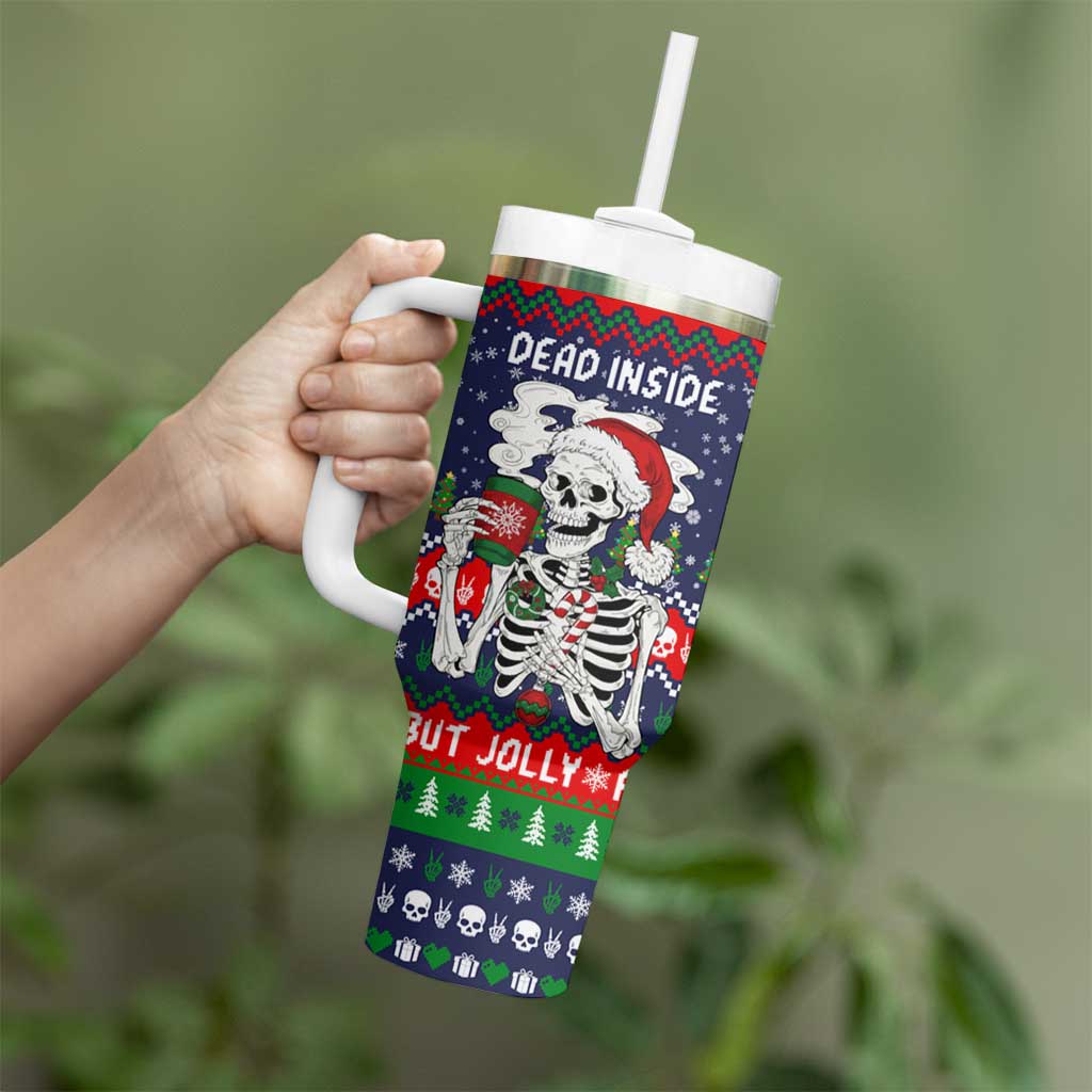 Dead Inside But Jolly Af Christmas Skeleton Tumbler With Handle Xmas Holiday Patterns - Wonder Print Shop